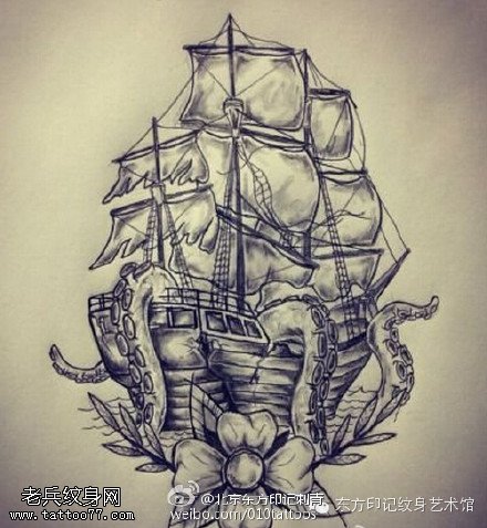 航海帆船手稿纹身图案