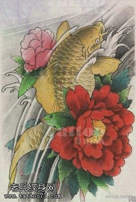 锦鲤牡丹花手稿纹身图案