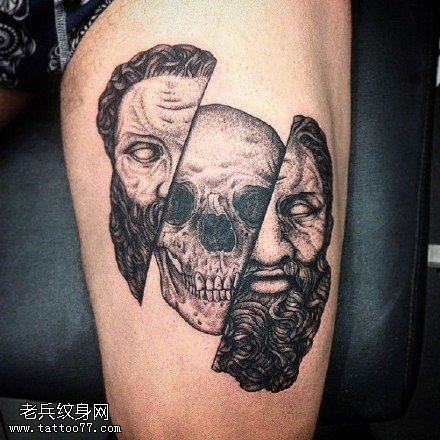 腿部骷髅人头像纹身图案