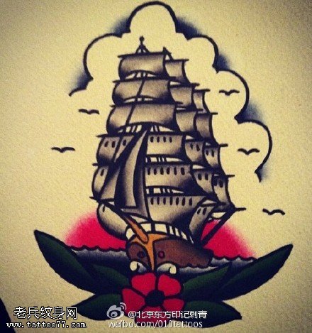 备受人们的喜爱帆船手稿纹身图案