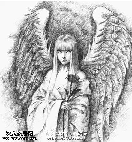 素描漂亮的天使手稿纹身图案