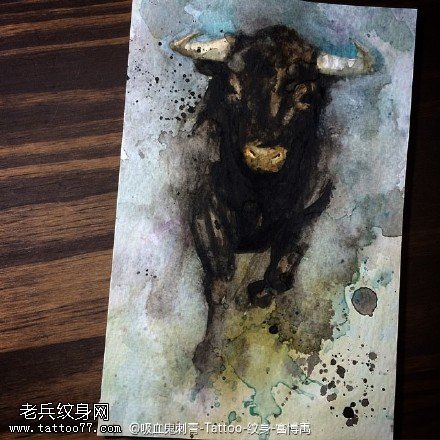 水墨老牛手稿纹身图案