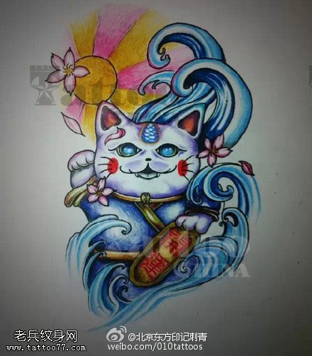 卡通的招财猫手稿纹身图案