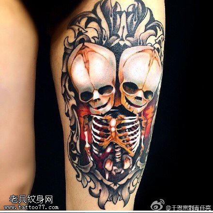 惊悚的死神双头骷髅纹身图案