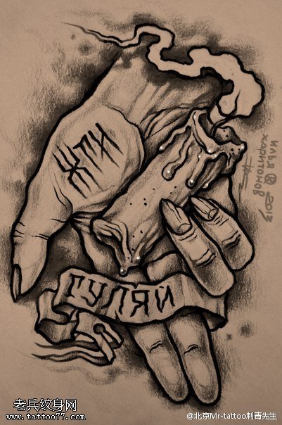 素描手持蜡烛纹身图案