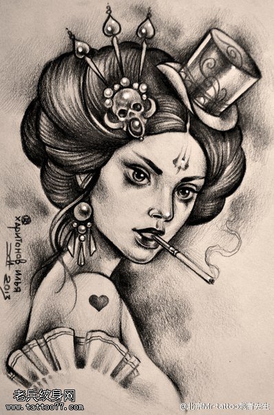 素描艺妓手稿纹身图案
