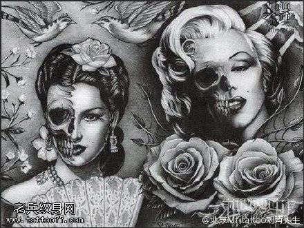 惊悚的骷髅美女纹身图案