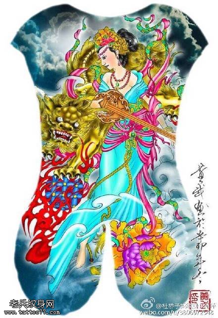 中国风彩绘的狮子艺妓纹身图案