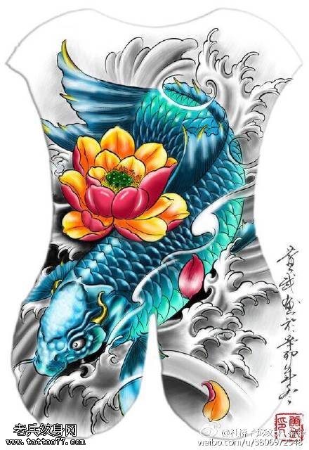 中国风格彩绘锦鲤纹身图案