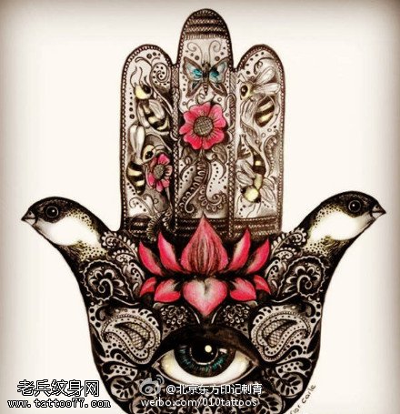 经典彩色法蒂玛之手纹身图案
