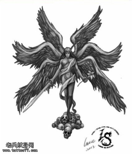 经典六翼天使手稿纹身图案