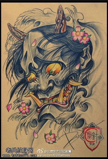 素描般若樱花纹身图案
