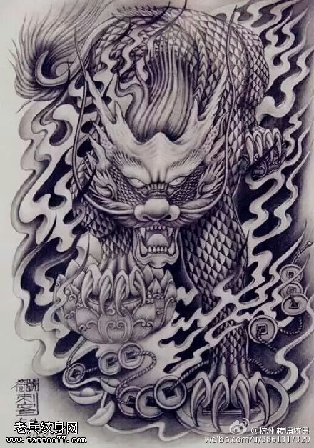 霸气的麒麟手稿纹身图案