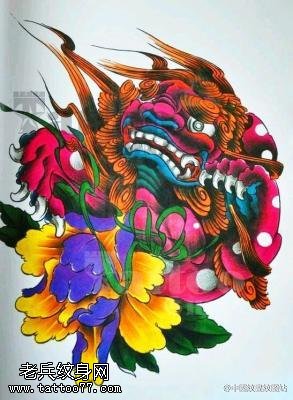 色彩艳丽唐狮手稿纹身图案