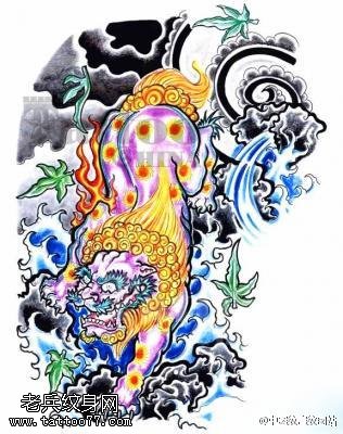 经典彩绘唐狮手稿纹身图案