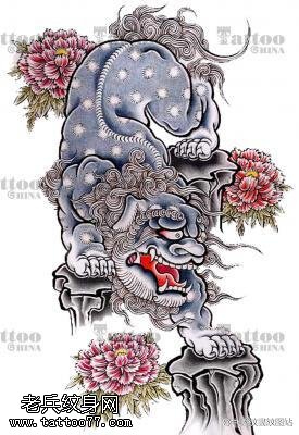 精美霸气的牡丹花唐狮纹身图案