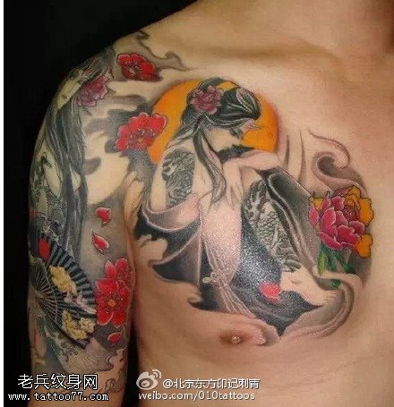 经典彩绘艺妓莲花纹身图案
