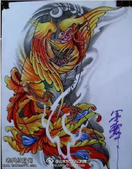 经典彩绘凤凰手稿纹身图案