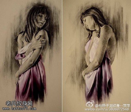 素描水墨风美女纹身图案