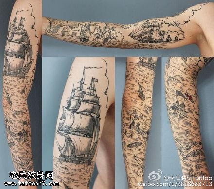经典的海上帆船纹身图案