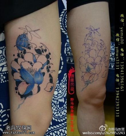 经典淡雅莲花蜻蜓纹身图案