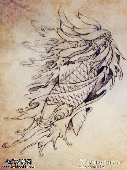 经典素描鲤鱼莲花纹身图案