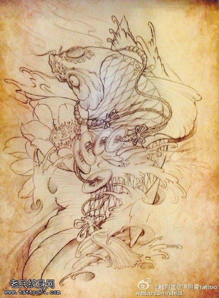 经典素描锦鲤钱币纹身图案