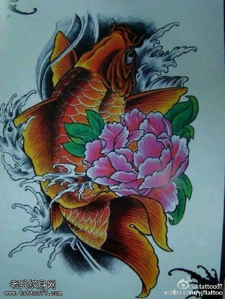 经典彩绘娇艳的牡丹锦鲤纹身图案