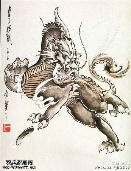 经典中国麒麟纹身图案