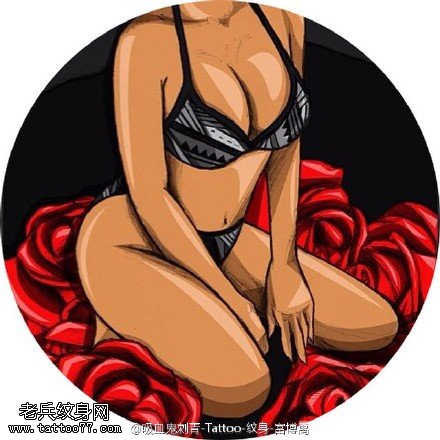 欧美风玫瑰里的性感女郎纹身图案
