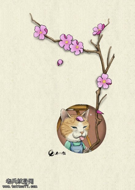 水彩猫咪樱花纹身图案