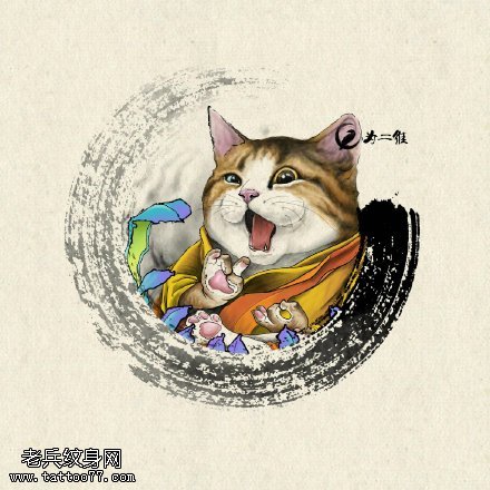 水彩风呆萌可爱的猫咪纹身图案