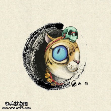 水彩风蓝色的大眼睛纹身图案