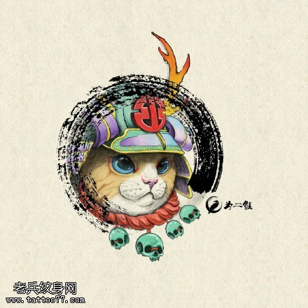 水彩猫咪长官纹身图案