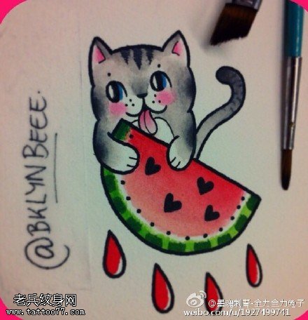 精美绘画猫咪吃西瓜纹身图案