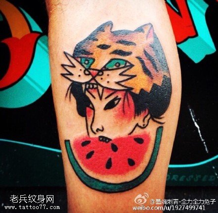 彩绘艺妓虎头西瓜纹身图案