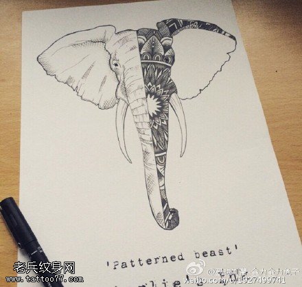 经典绘画大象纹身图案