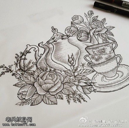 经典绘画茶具玫瑰花纹身图案