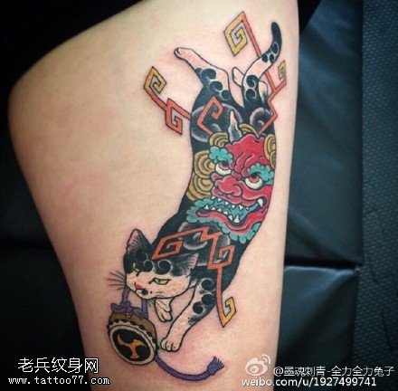 经典彩绘猫咪般若纹身图案