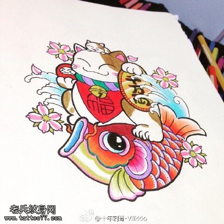 经典招财猫锦鲤纹身图案