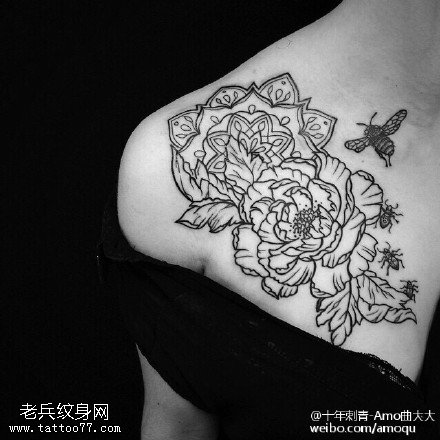 经典点刺牡丹纹身图案