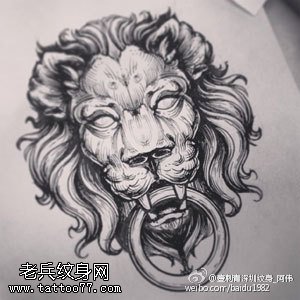 手绘平安狮子纹身图案