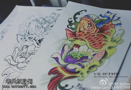 经典手绘锦鲤手稿纹身图案