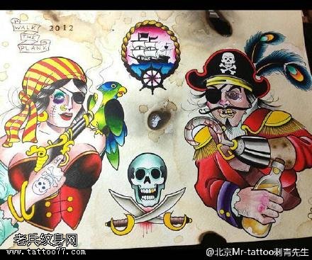 彩绘海盗骷髅纹身图案