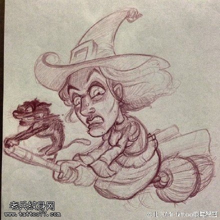 手绘骑扫把的女巫纹身图案