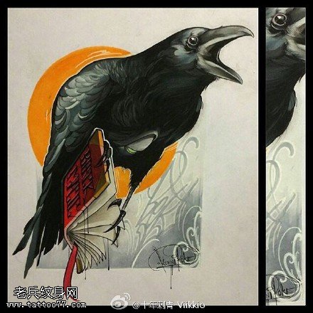 彩绘经典的乌鸦纹身图案