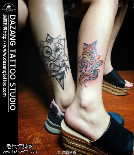情侣精美的猫头鹰狐狸纹身图案