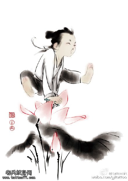 中国风水墨莲花童子纹身图案