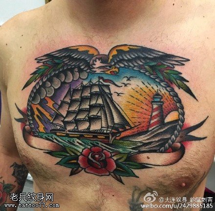 经典达摩帆船灯塔纹身图案