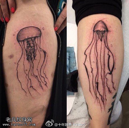 腿部经典水母纹身图案